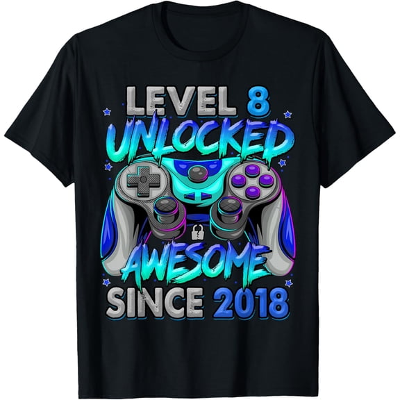 Level 8 Unlocked Awesome Since 2018 8th Birthday Gaming T-Shirt