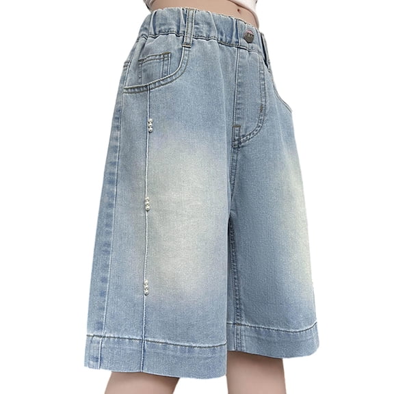 JAJAHO Girls Denim Shorts Wide Leg Jeans For Girl Kids Summer Elastic Waist Pearl Design Knee Length Shorts 4-16Y Trendy Bottoms