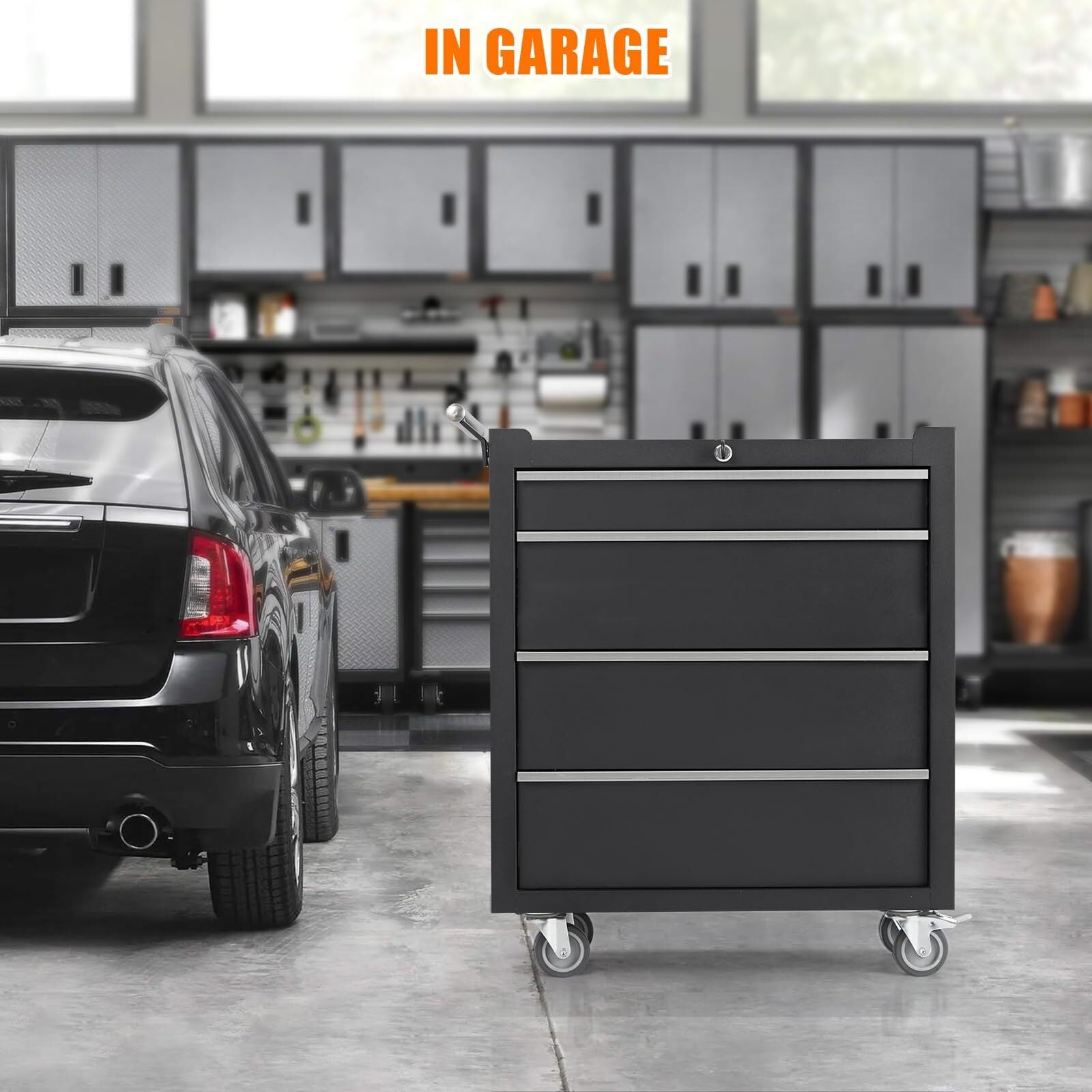 Garvee Metal Tool Box, Portable Tool Chest with Wheels and 4 Drawers for Garage, Workshop, Black