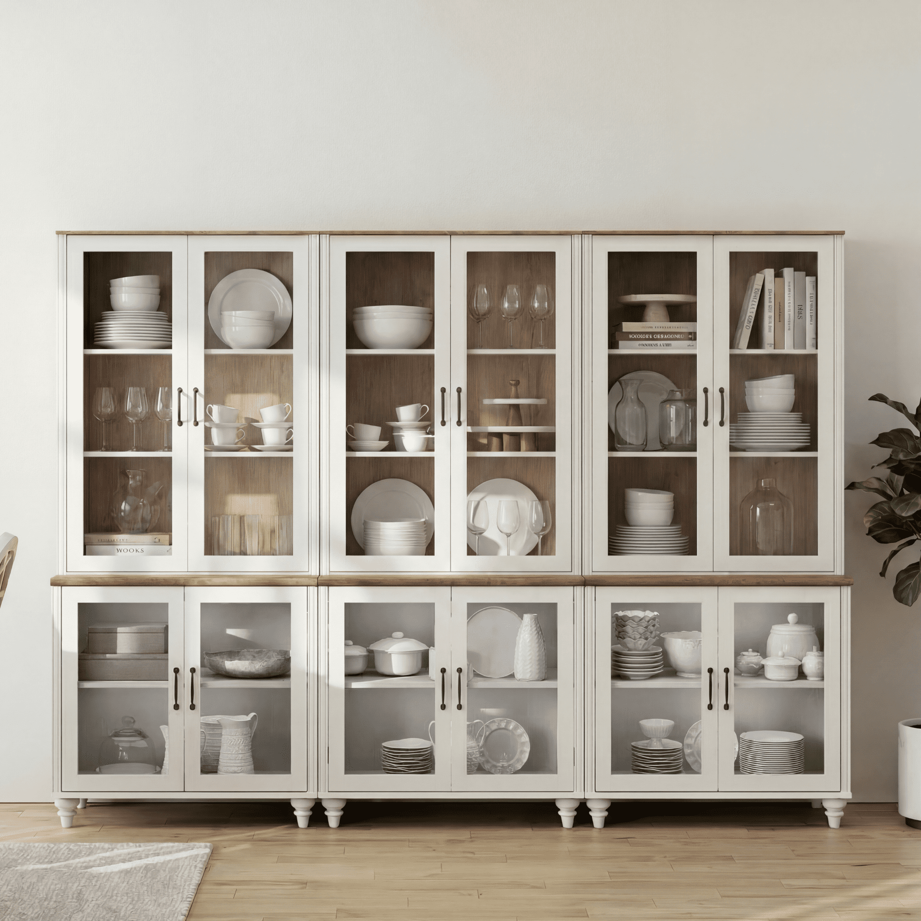 Sideboard Buffet Cabinet with Storage, 5-Tier Large Bookcase with Glass Doors and Adjustable Shelf, Library Wooden Bookshelves for Living Room, Office, Kitchen, White, 72" H