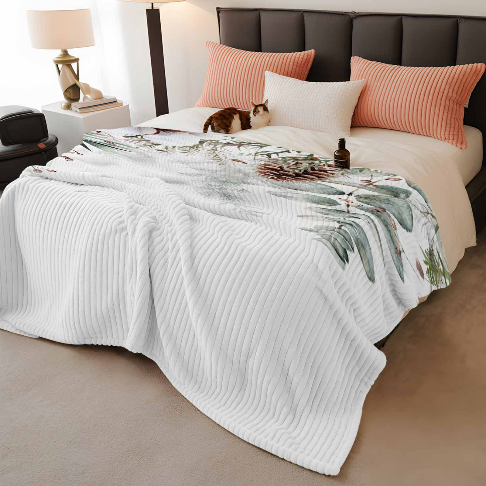 Christmas Botanical Throw Blanket, Flannel Fleece Blanket with Striped Design for Couch, Eucalyptus Leaves Xmas Pinecone Cotton Soft Breathable All Season Plush Blankets for Sofa Office Chair 30"x40"