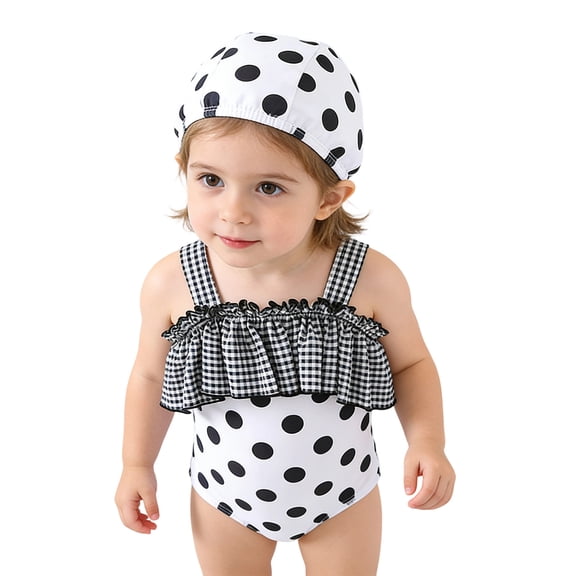 Lkhaha Polka Dot Gingham One Piece Swimsuit fot Toddler Girls Ruffle Hem Bathing Suit with Swim Cap White 18-24 Months