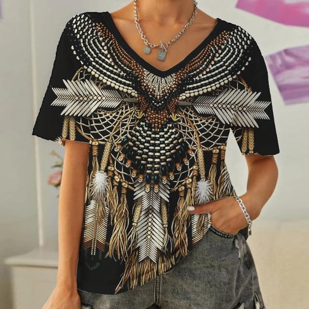 ICHUANYI Clearance Women Casual Ethnic Style Feather Print T-shirt Short Sleeve V-Neck Tops Loose(Brown, XL) ICHUANYI WER2023081117341