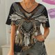 thumbnail image 1 of ICHUANYI Clearance Women Casual Ethnic Style Feather Print T-shirt Short Sleeve V-Neck Tops Loose(Brown, XL) ICHUANYI WER2023081117341, 1 of 6