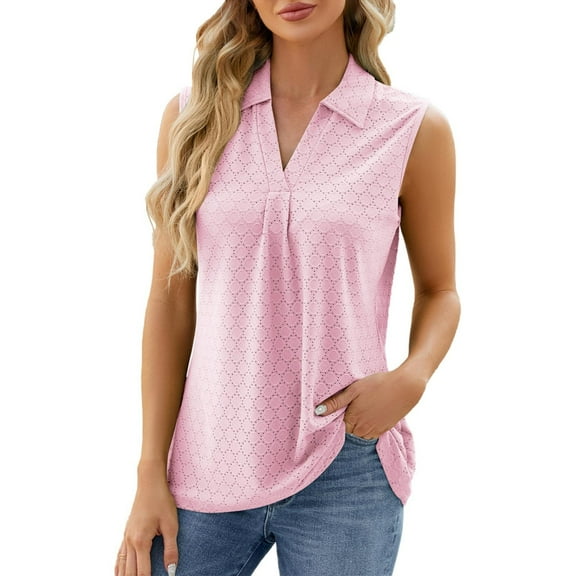 ZOHIUM Summer Tshirts Tops for Women Tank Tops for Women Lapel V Neck Splicing Sleeveless Vest Solid Color Casual Loose Dressy Fashion Summer 2024 Blouse Women Tshirts (Pink,S)