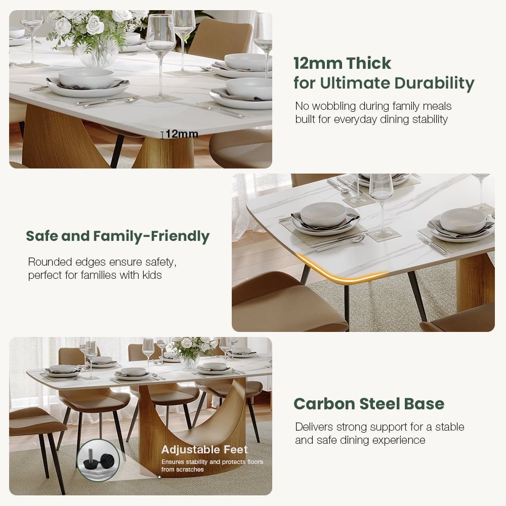 POVISON 79" Modern Dining Table for 6-8, Rectangular White Glossy Sintered Stone Dining Table with Bronze Carbon Steel Legs