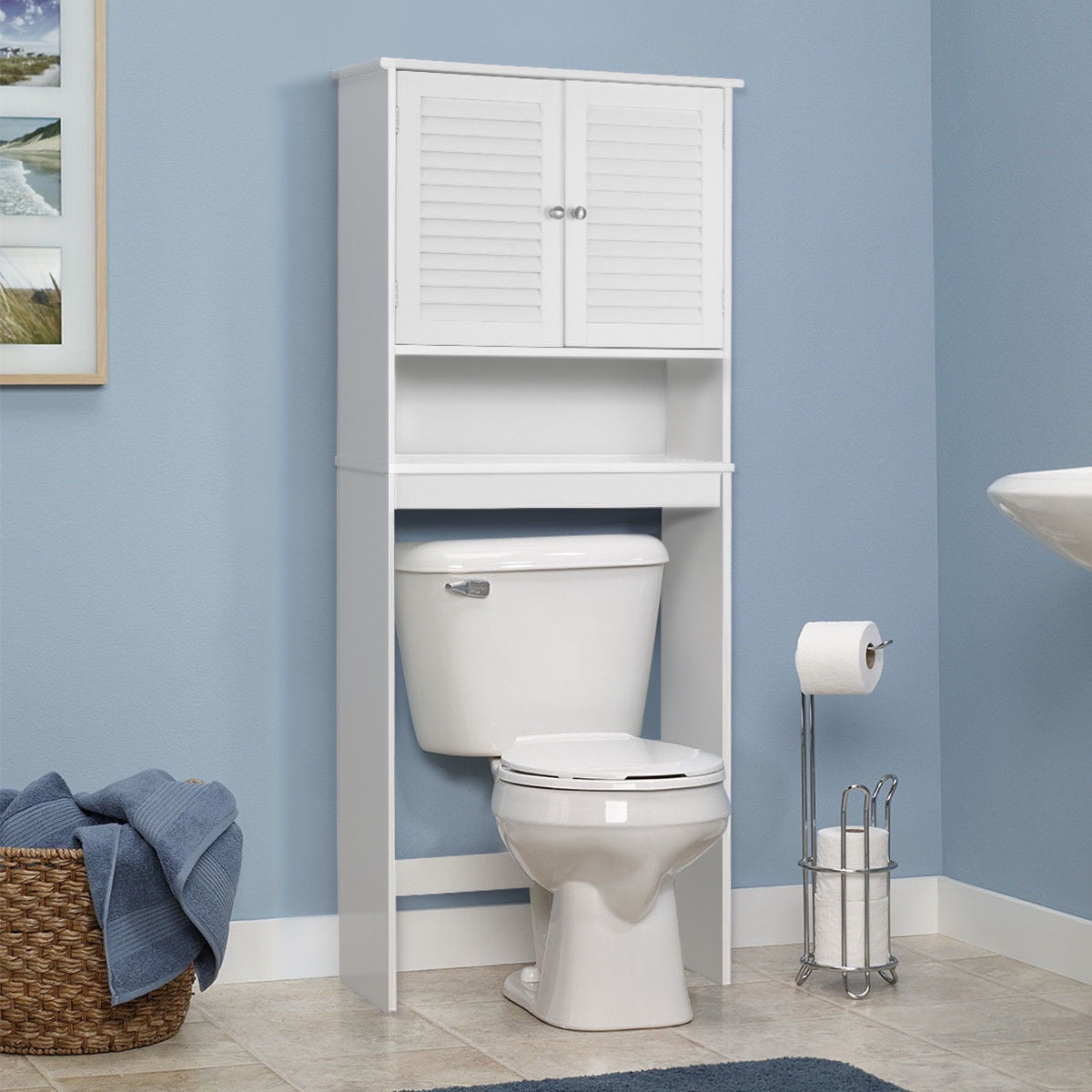 Gymax Bathroom Space Saver Over The Toilet Shelved Storage Organizer White