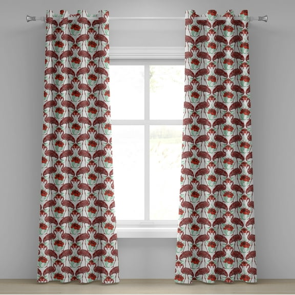 Ambesonne Flamingo Grommet Curtain, Floral Birds Hand Drawing, 50" x 120", Red Coral Sea Green