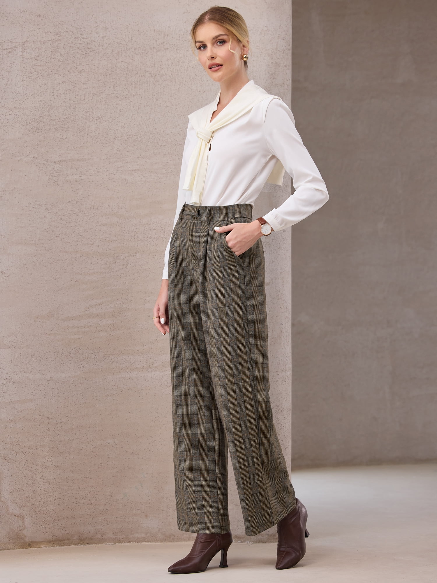DARING DIVA Women's Plaid Vintage Houndstooth Wide Leg Trousers for Work 2XL Brown