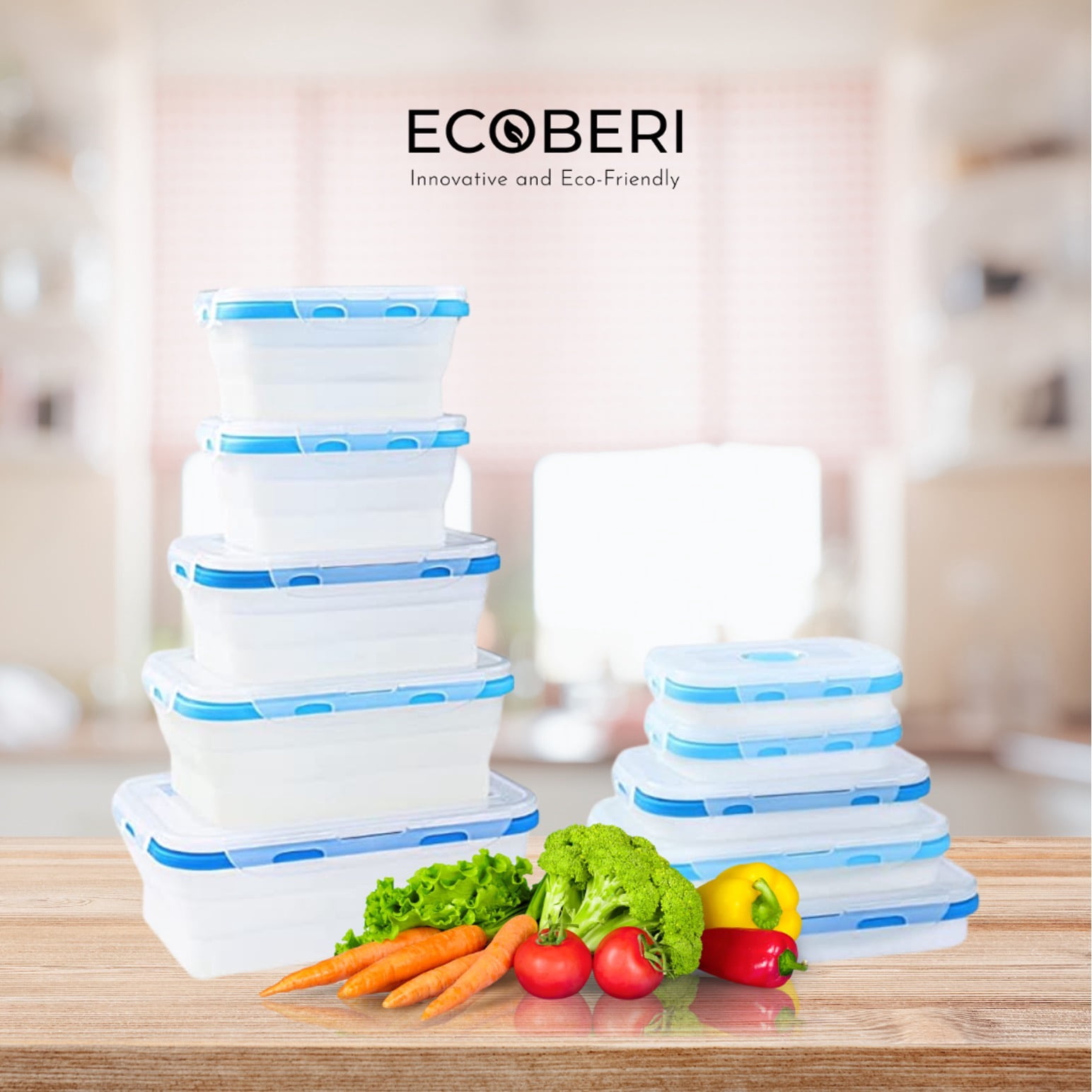 Ecoberi Blue Silicone Microwave Safe Food Storage Containers 4 -27oz