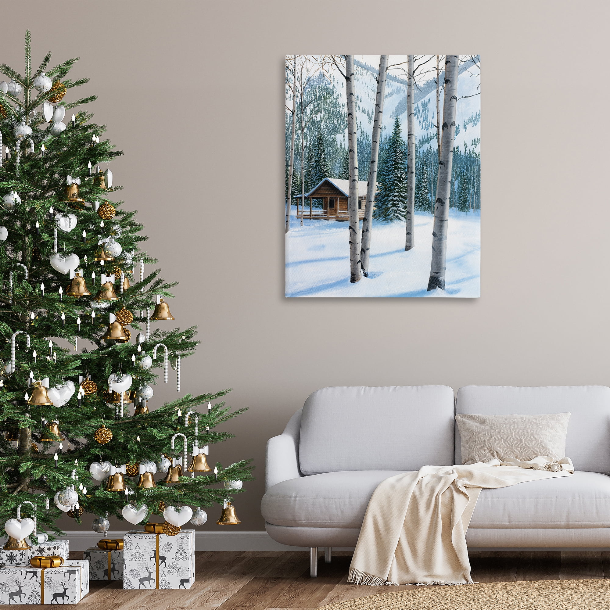 Stupell Industries Snowy Cabin Through Birch Landscape Painting Gallery Wrapped Canvas Art Prints Wall Art, 36 x 48