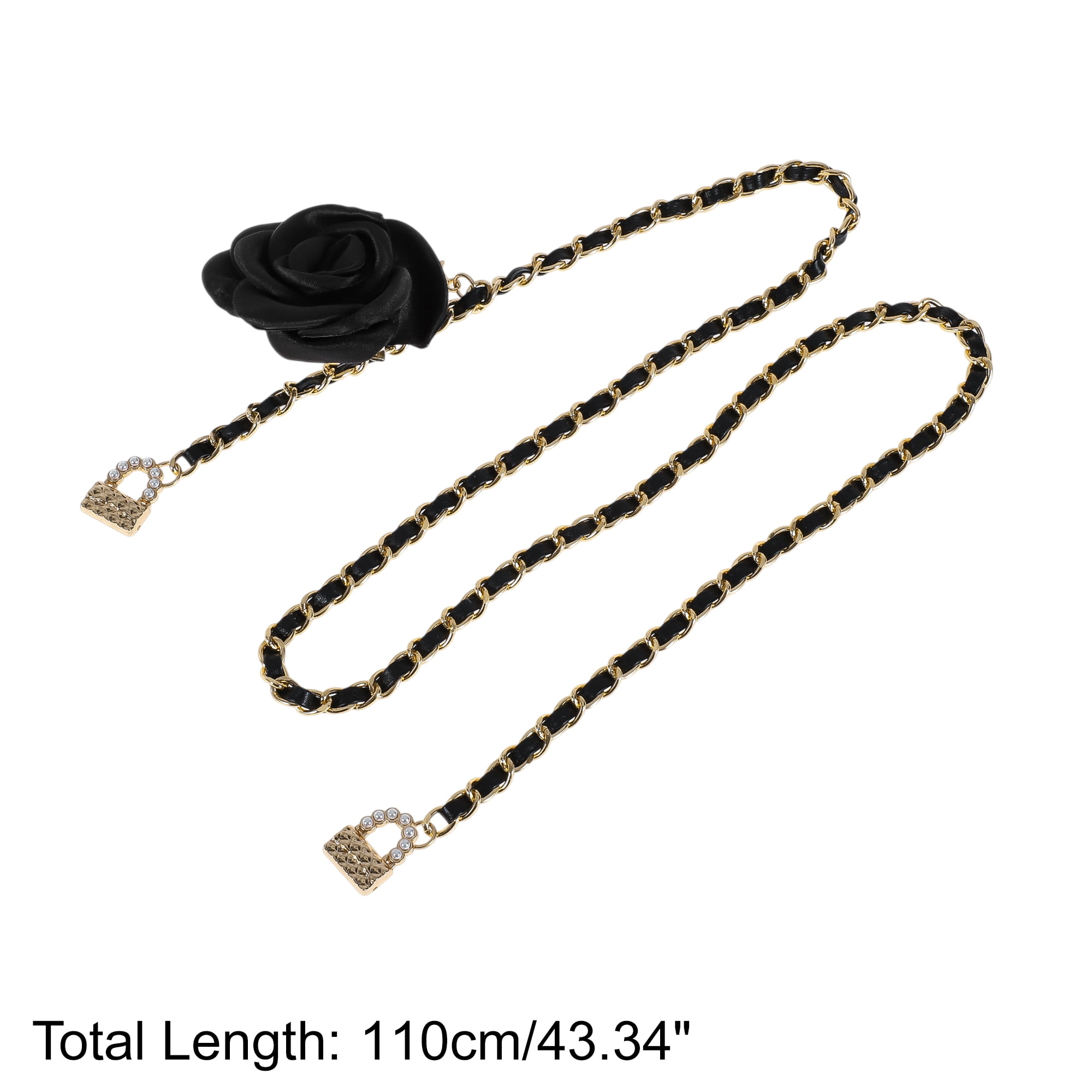 Unique Bargains Flower Adjustable Waist Belt with Adjustable Clasp Design Gold Tone, Black
