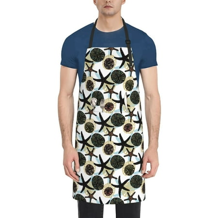 

Qekee Sea Urchin Print Waterproof Apron with Pockets Adjustable Cooking Aprons Kitchen Bib for Baking Household Cleaning