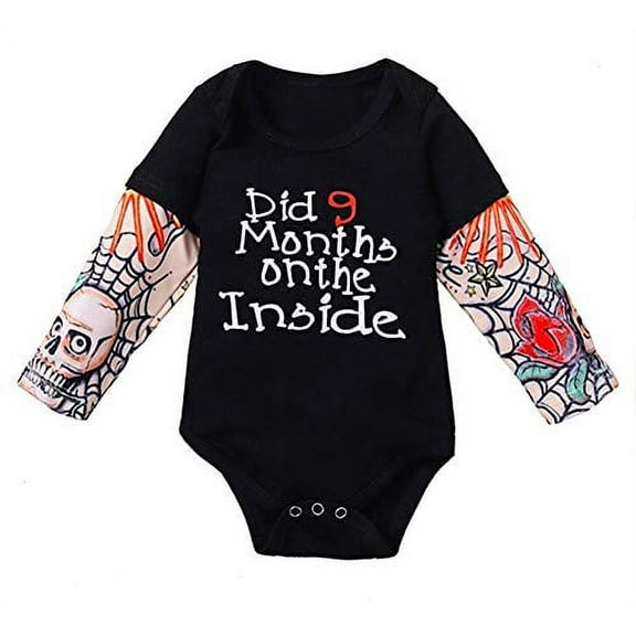 StylesILove Infant Baby Boys Girls Did 9 Months on the Inside Tattoo Sleeve Black Cotton Bodysuit Romper (100/12-18 Months)