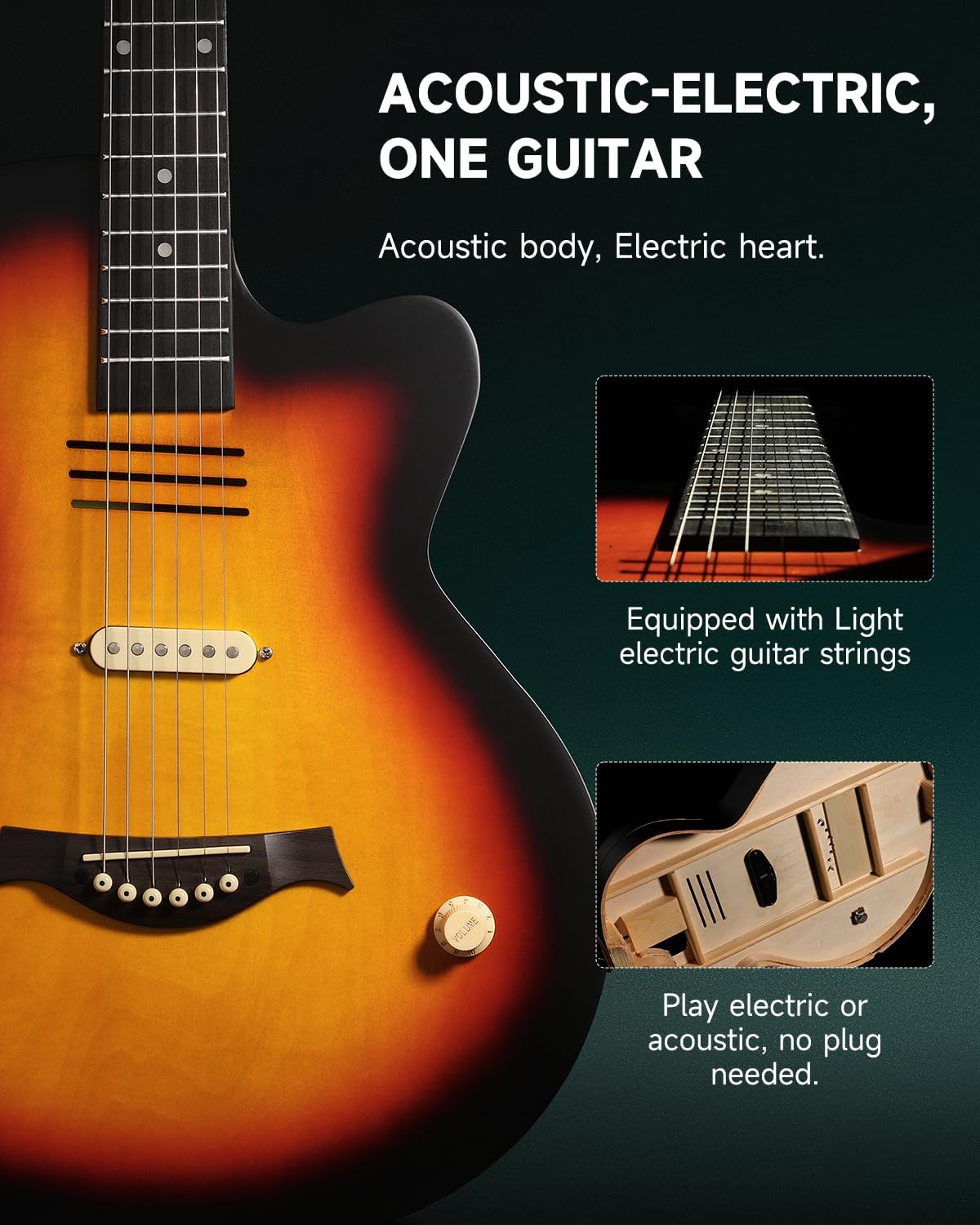 Moukey Acoustic Electric Guitar 39-Inch, Cutaway Guitar with Passive Pickup, Gig Bag, Strap, Picks, Tuner, and Capo, Dual Acoustic＆Electric Modes, Sunburst