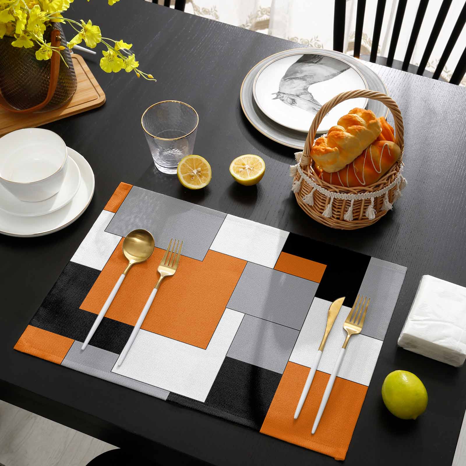 Orange Black Grey Placemats Set of 4, Middle Century Irregular Geo Abstract Art Placemats for Dining Table, Place Mats for Kitchen Tabletop, Waterproof Wipeable Dining Table Mats Set