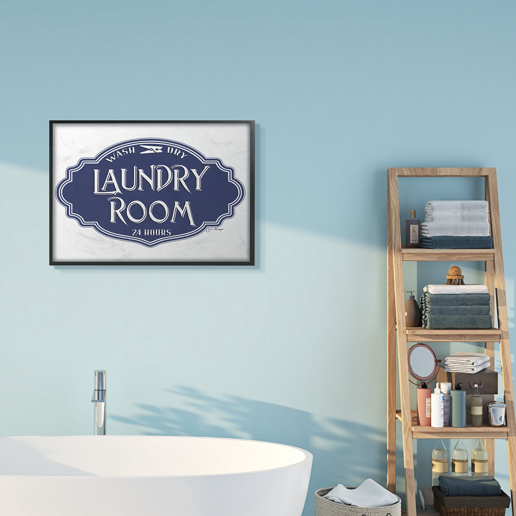 Stupell Industries Vintage Laundry Room Sign Minimal Blue White Typography Painting Black Framed Art Print Wall Art, 24 x 30