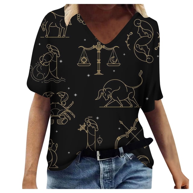 WEAIXIMIUNG T-Shirt à Manches Courtes Col en V Mode Été pour Femmes Saint-Valentin Constellation Étoile