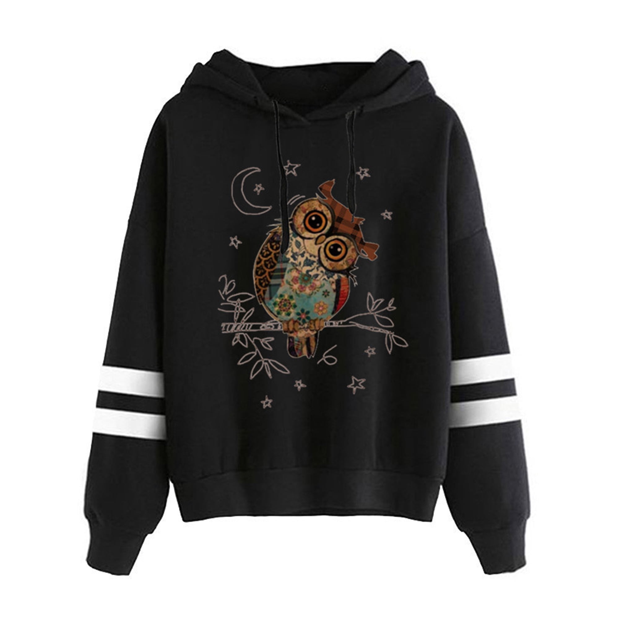 Avamo Women Pullover Owl Print Hoodies Drawstring Hooded Sweatshirts Loose Fit Hoodie Sweatshirt Holiday Black S