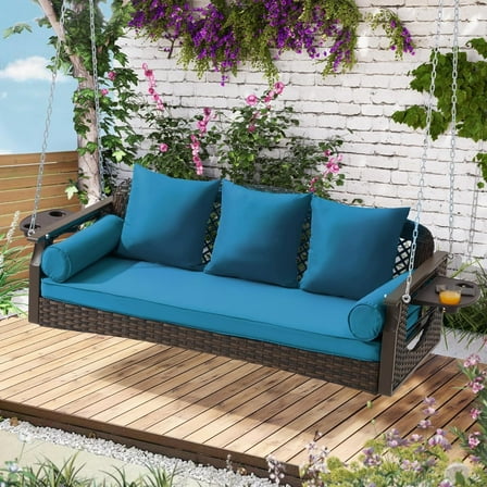3 Seat Porch Swing, Wicker Patio Swing with Cup Holders & 3 Back Cushions, Yard Swing with Chains for Deck Garden Backyard,Brown Rattan,Peacock Blue Cushion,56-inch