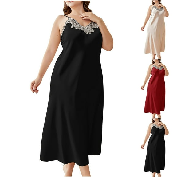 CFLVAEK Plus Size Womens Nightgowns Spaghetti Strap Chemise Nightgown Elegant Lace V Neck Sleep Dress Loose Fitted Long Nightdress XXL