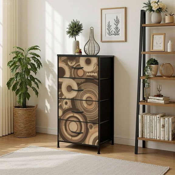 4 Drawer Vertical Storage Dresser geometric retro style Art with Wood Top Fabric Pull Drawers