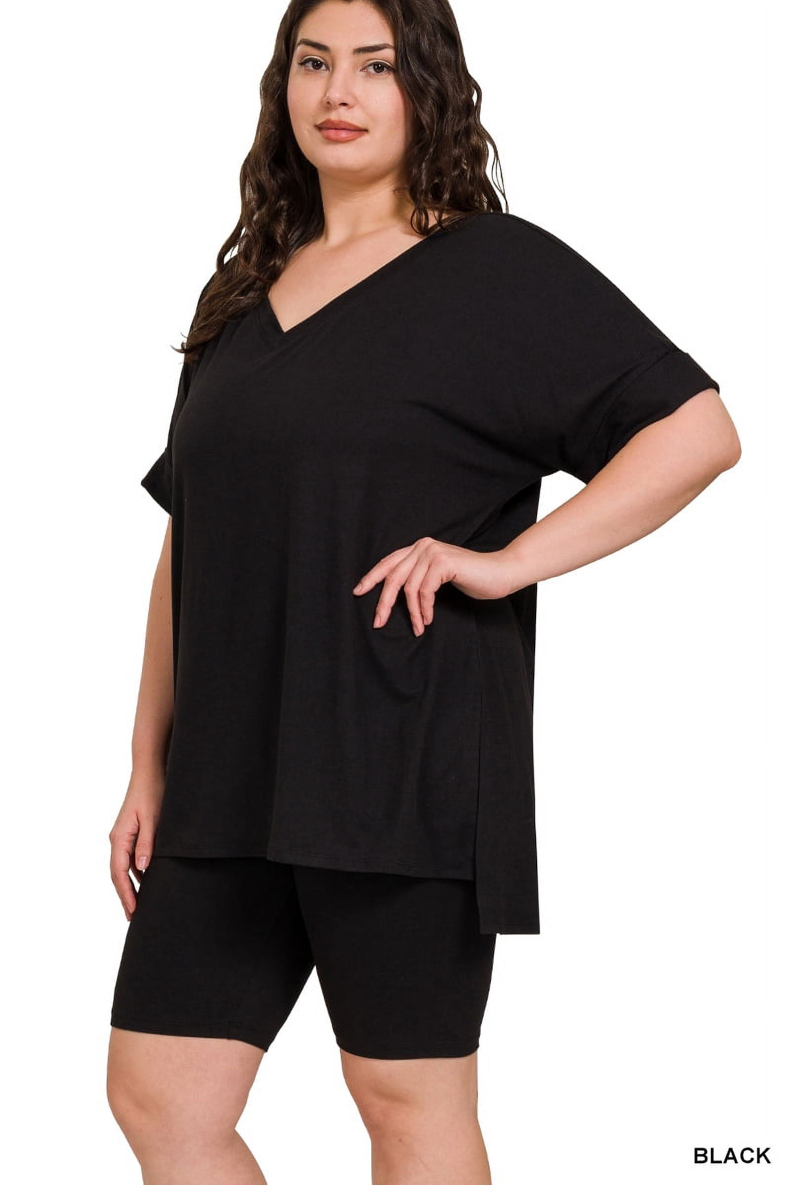 Zenana Plus Size Brushed DTY Microfier V-Neck Short Sleeve Hi-Low Hem & Biker Short Loungewear Set