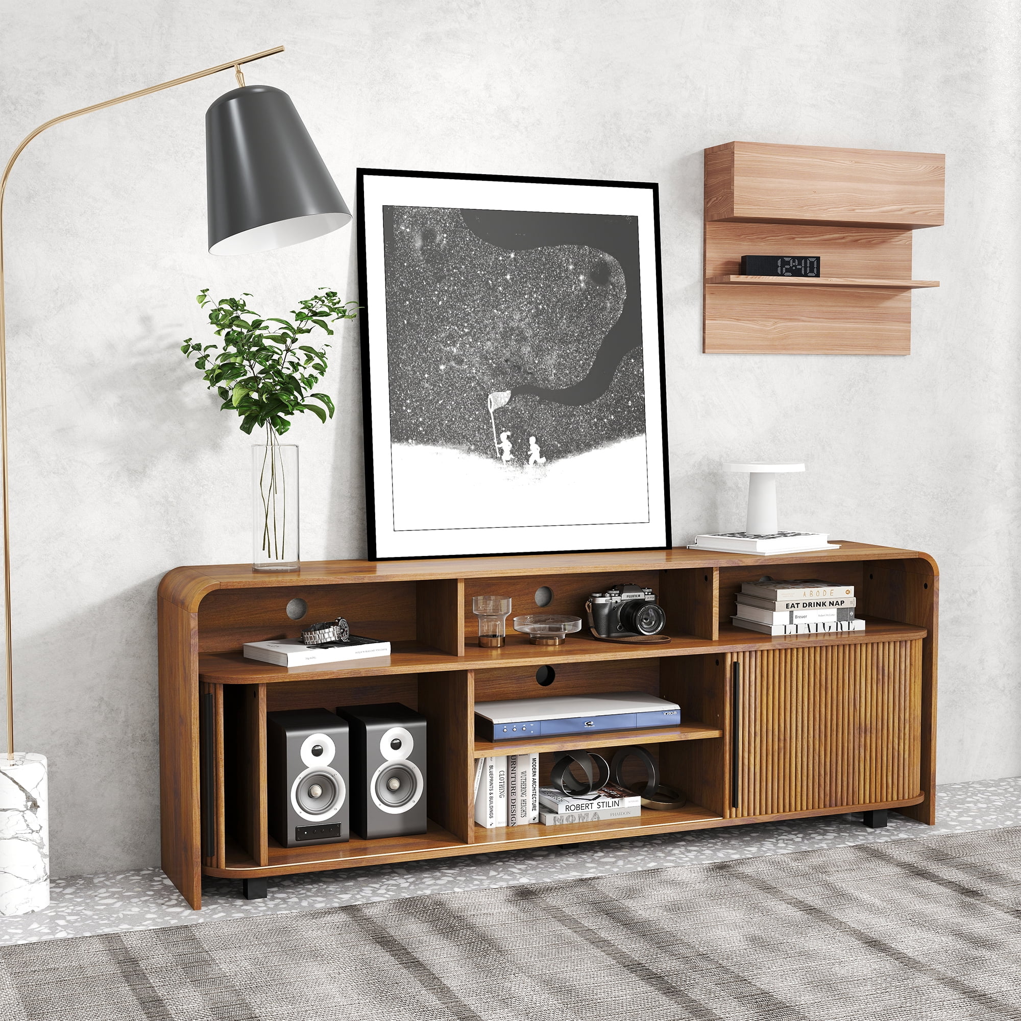 Mid Century Modern TV Stand for Bedroom, Fluted Entertainment Center for TVs up to 75 Inch, Media Console with Sliding Doors for Living Room, Walnut