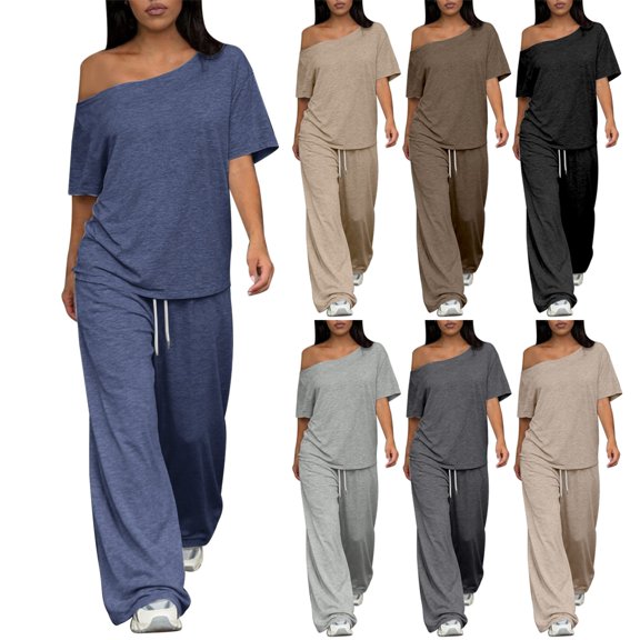Xunmmm Womens 2 Piece Sets Off Shoulder Oversized Tshirts And Wide Leg Pants Active Fit 2 Piece Set for Women Summer Travel Casual Outfits Lounge Set for Women Yoga Set