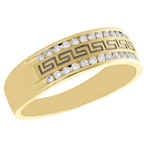 14K Yellow Gold Diamond Mens Wedding Band Black Greek Key Engagement Ring 1/4 Ct