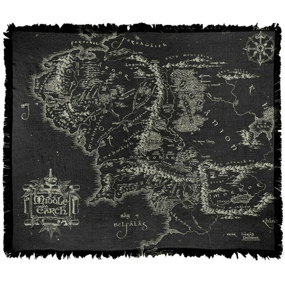 The Lord of The Rings Blanket, 50'x60' Black Map of Middle Earth Woven Tapestry Cotton Blend Fringed Throw Blanket
