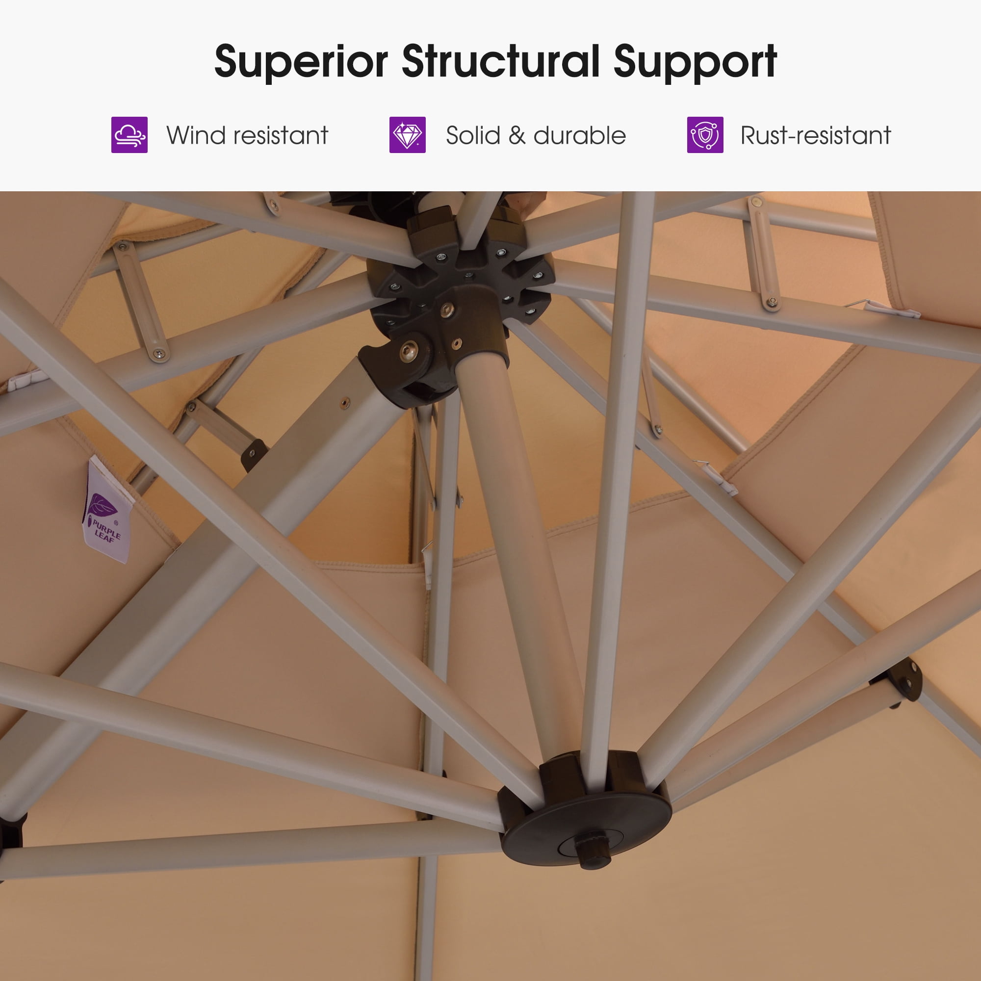 PURPLE LEAF 10FT Deluxe Round Patio Umbrella, Large Offset Cantilever Umbrella with 360° Rotation, Beige