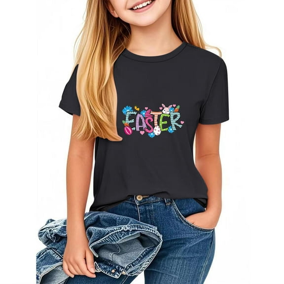 HAOTAGS Toddler Girls Easter Letter Print Tshirts Casual Short Sleeve Tees Summer Outfits Black Size 2 Years