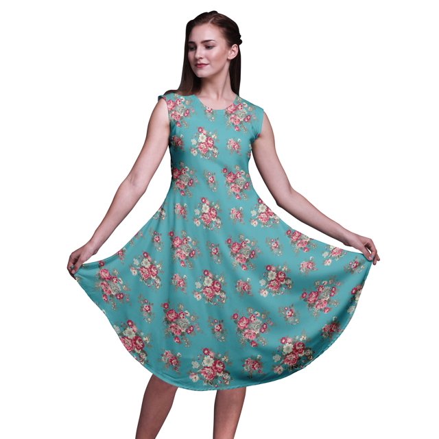 Bimba Robe d'Été Sans Manches à Col Rond pour Femmes, Imprimée de Feuilles Bleues et de Bégonias, Tenue Décontractée - XX-Grand
