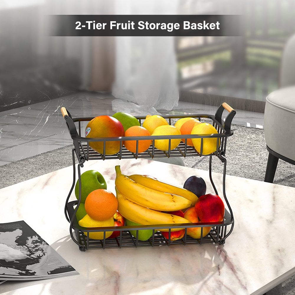 CACAGOO 2 Tier Countertop Fruit Basket Kitchen Organizer with Wooden Handle for Kitchen Counter Metal Mesh Basket Fruits Stand Produce Holder Organizer