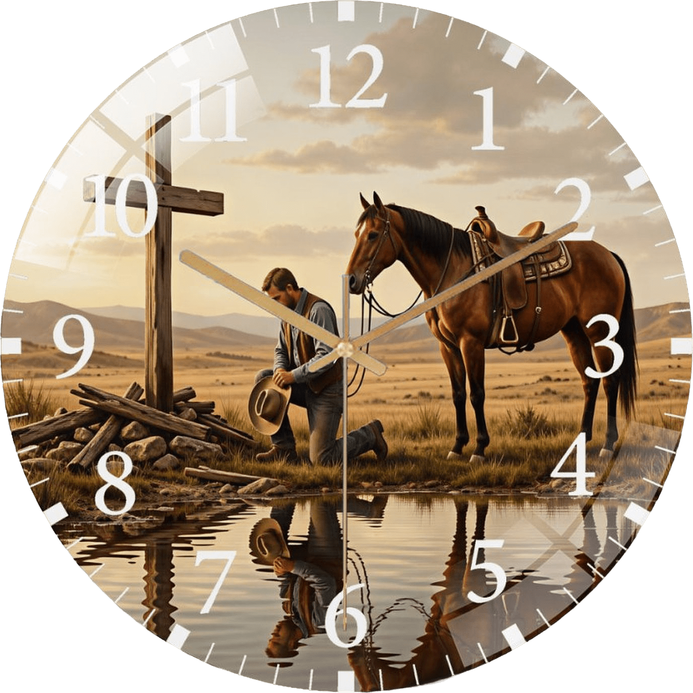 12 Inch Cowboy Kneeling at Wooden Cross- Glass Wall Clock for Christian- Faith And Cowboy Room Decor Office Room, Living Room