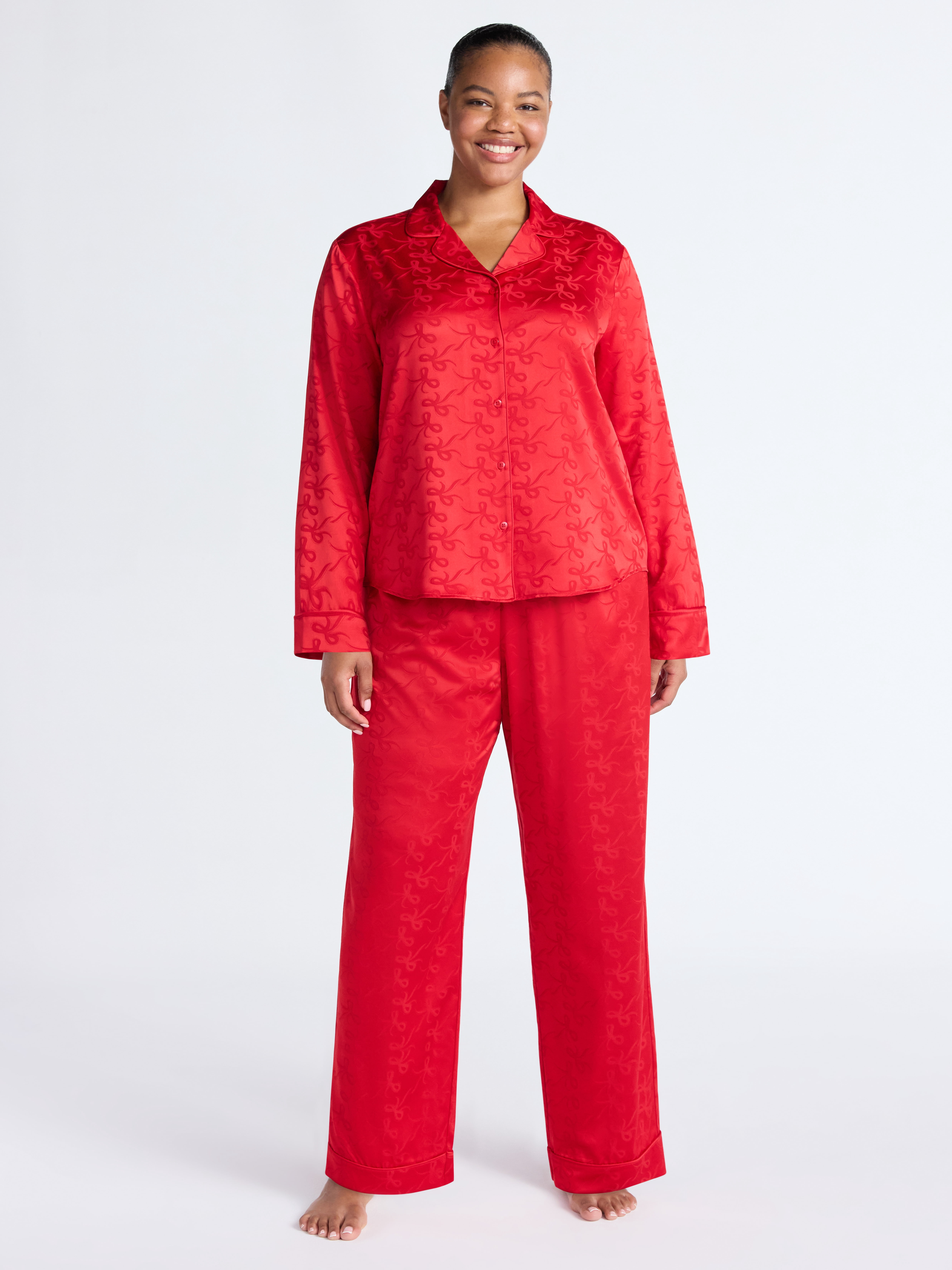 Joyspun Women’s Stretch Satin Notch Long Sleeve Top and Pants Pajama Set, 2-Piece, Sizes XS-3X
