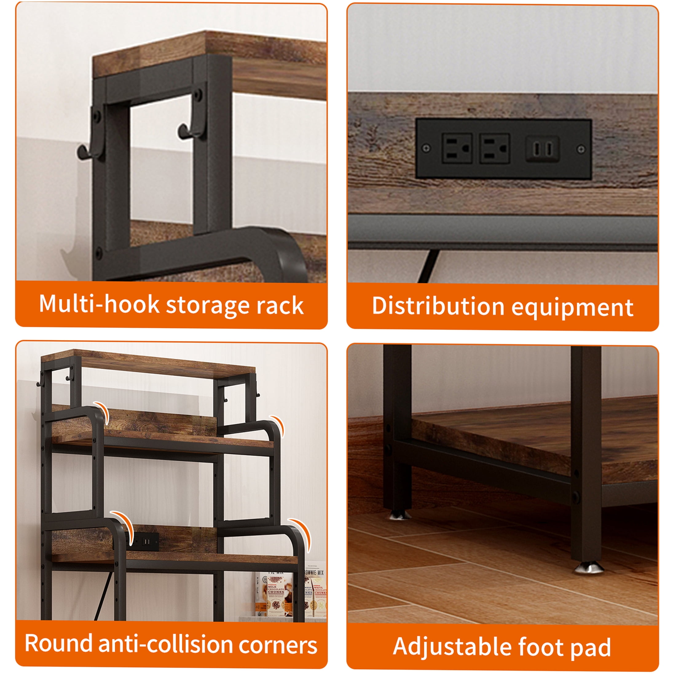 JERFIT 4-Tier Kitchen Storage Cart with Mini Fridge Stand, Microwave Rack & Adjustable Shelves, 200lb Capacity, Walnut Brown