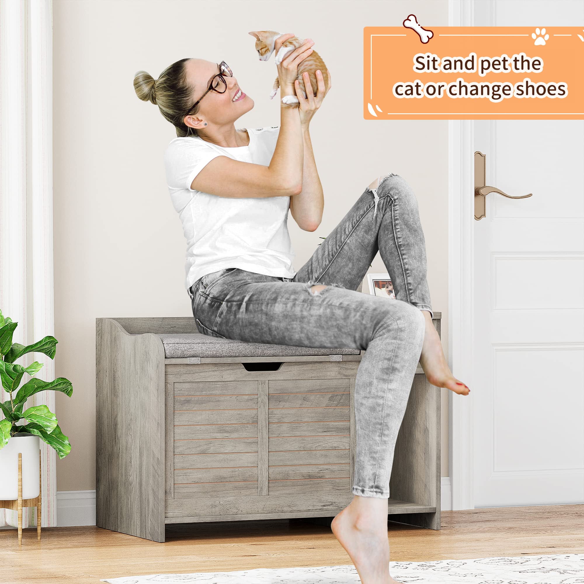 Faitaliicy Litter Box Enclosure With Cushion Hidden Cat Litter Box With Top Opening Flip Top Privacy Cat Litter Box Cabinet Wooden Cat Washroom Storage Cabinet Bench For Living Room Bedroom