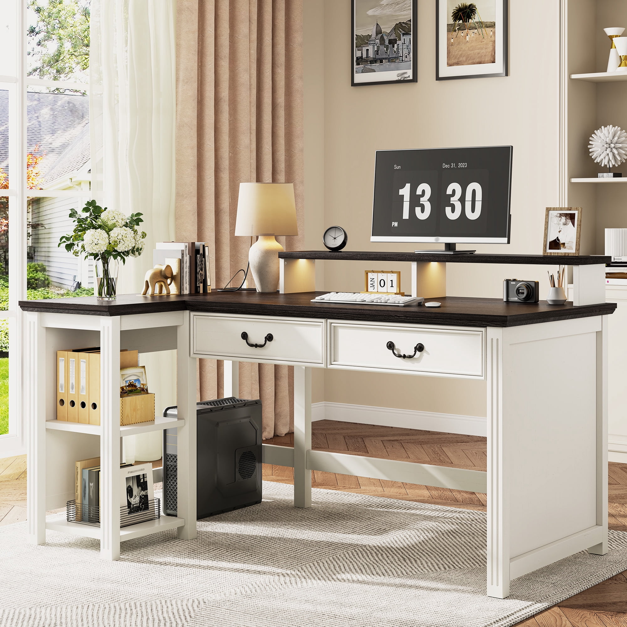 Romorgniz L Shaped Farmhouse Desk with 2 Drawers 55" Computer Desk with Power Outlets & LED Light Office Desk with Monitor Stand & Cabinet for Studying, Writing and Gaming
