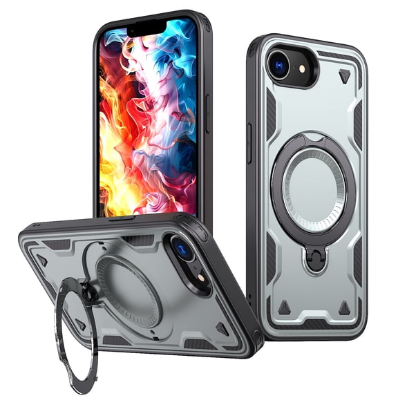 Dteck Magnetic for iPhone 17e / iPhone 16e Case with Kickstand, Shockproof TPU PC Case Compatible with MagSafe Military Grade Ring Stand Heavy Duty Drop Rugged Cover for iPhone 16e/17e,Gray