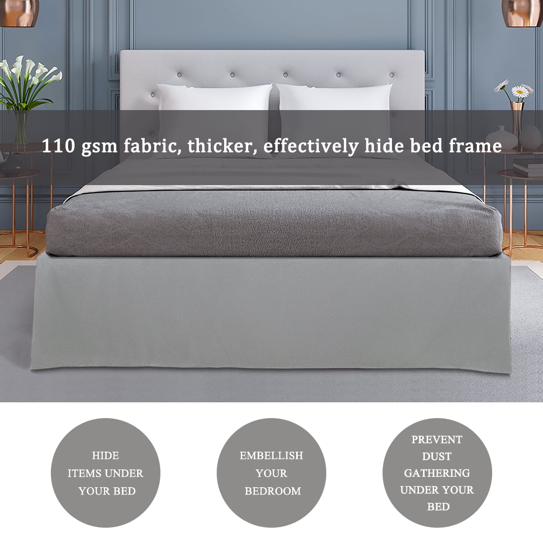 Unique Bargains 16" Drop Pleated Brushed Bed Skirt Queen Light Gray