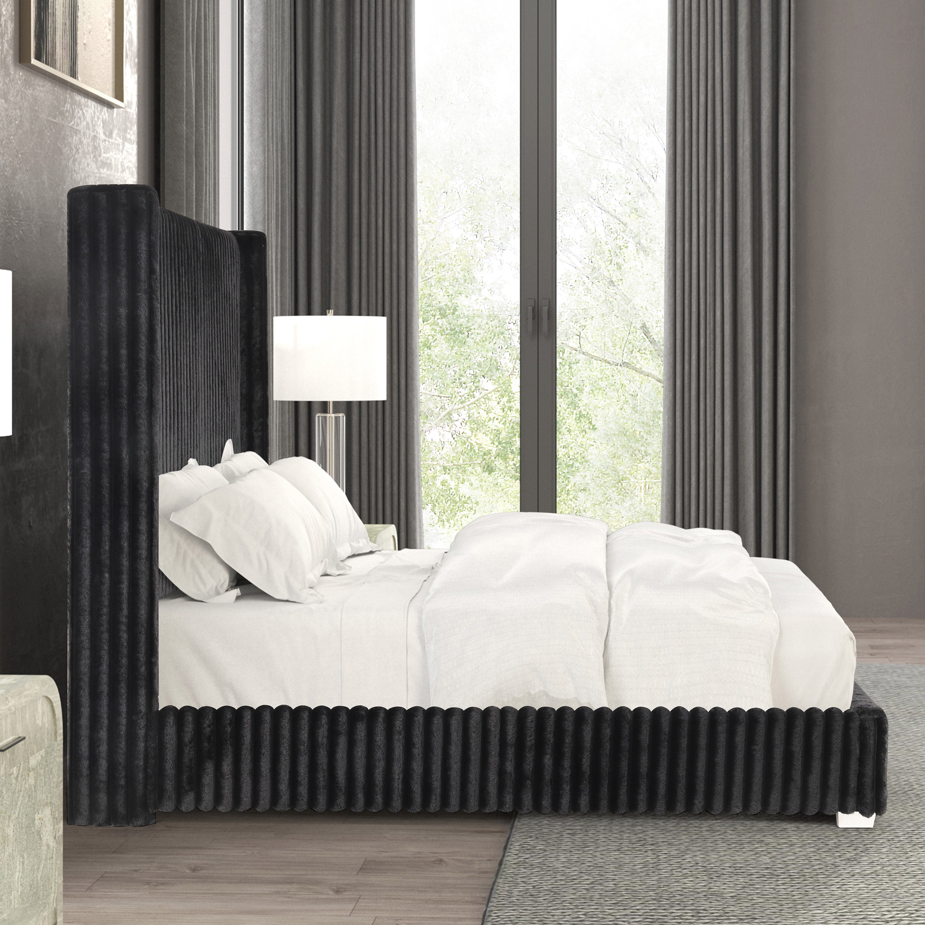 Furniture of America Cafein Kids Twin Extra Tall Tufted Fabric Wingback Mattress Ready Bed, Black