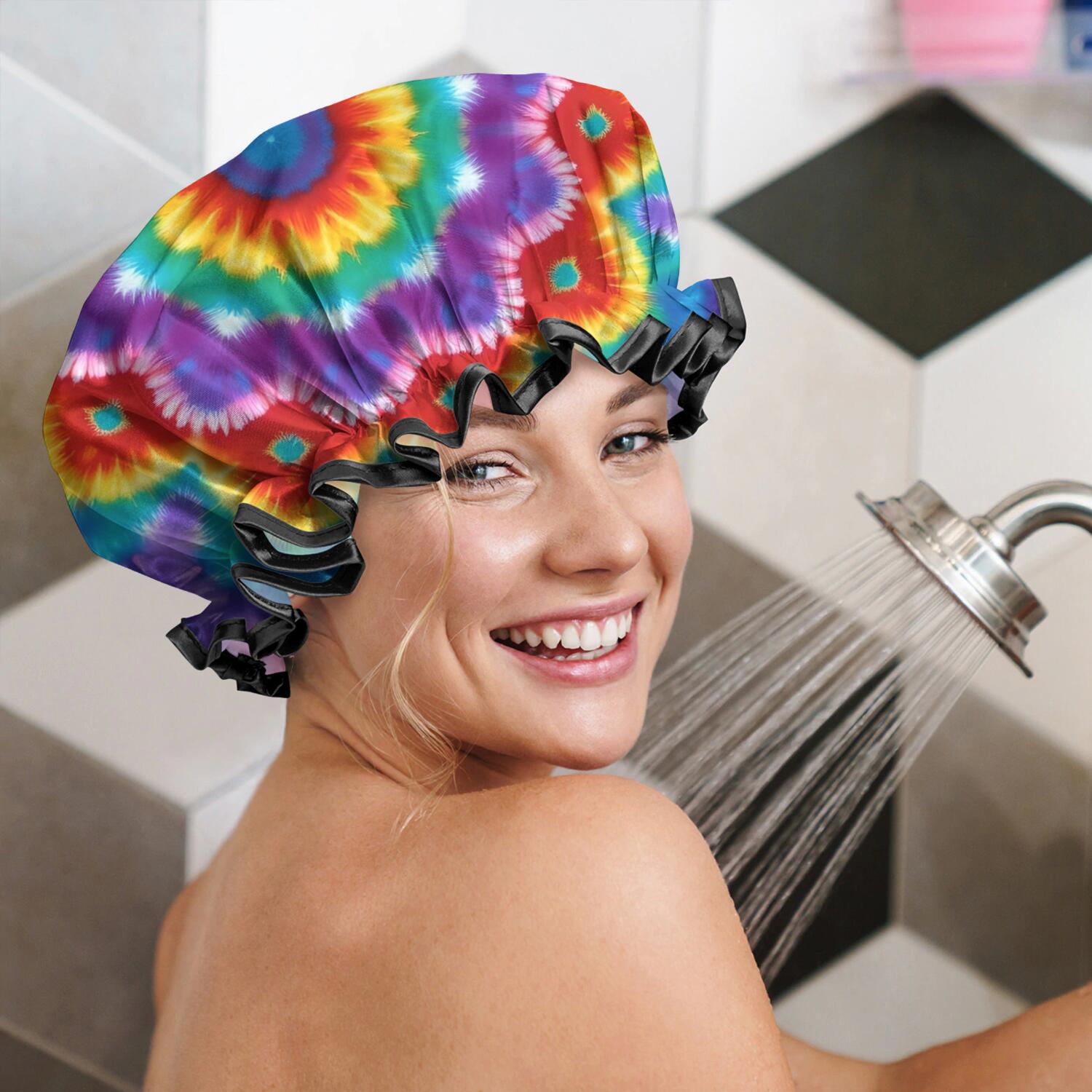 Shower Caps,Colorful Rainbow Tie Dye Spiral Pattern Waterproof Shower Cap for Women 4 Pieces,Double Reusable Hair Cover for Shower PEVA Elastic Stretch Hem
