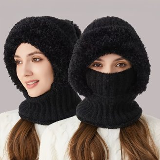 2-in-1 Hooded Scarf Knitted Beanie Cap Windproof Neck Warmer Women main image 4