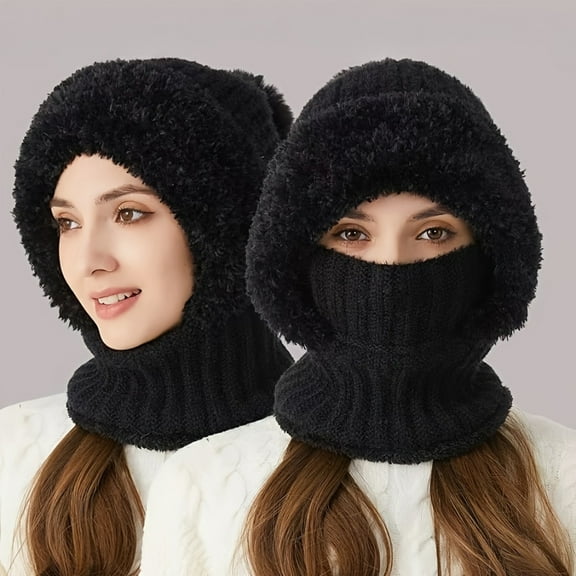 EIMELI 3-in-1 Winter Beanie  Scarf & Mask Set - Cozy Fleece-Lined Knit Hat with Ear Flaps  Windproof Warm Hooded Neck Warmer for Outdoor Cycling