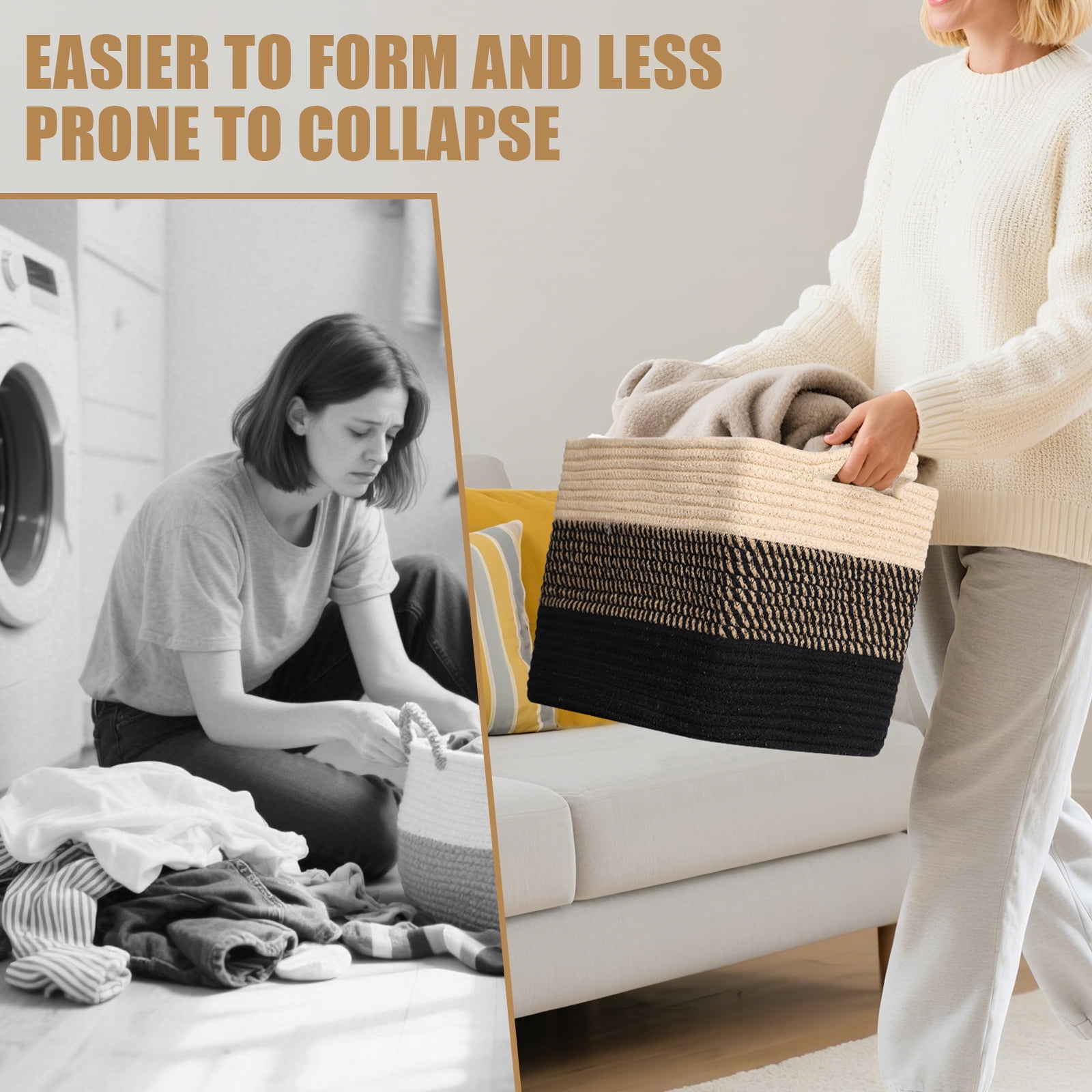 LIZEVINC Cotton Rope Storage Basket with Handles, Rectangle Woven Blanket Basket for Living Room, Bedroom, Baby Room, Laundry and Toy Organizer, 13.8 x 9 x 8.5 Inch