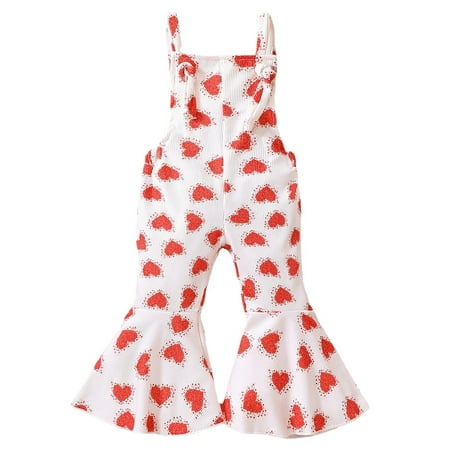 

Toddler Kids Romper Summer Baby Girls Jumpsuit Heart Print Overall Flared Trousers Ruffle Suspender Pants Valentine s Day 6M-4Y