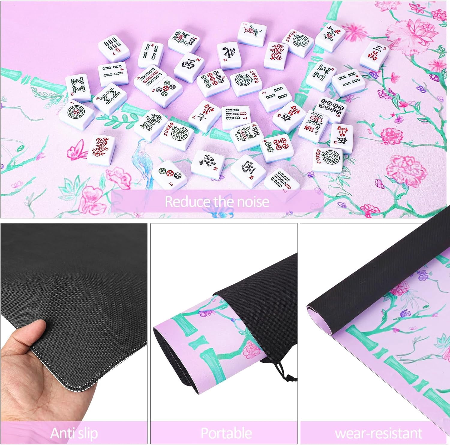 Purple and Green Mahjong Mat (31.5” x 31.5”) with Black Carrying Bag, Anti-Slip, Noise-Reducing Table Cover for Mahjong, Poker, Board Games, Dominoes, and Card Games