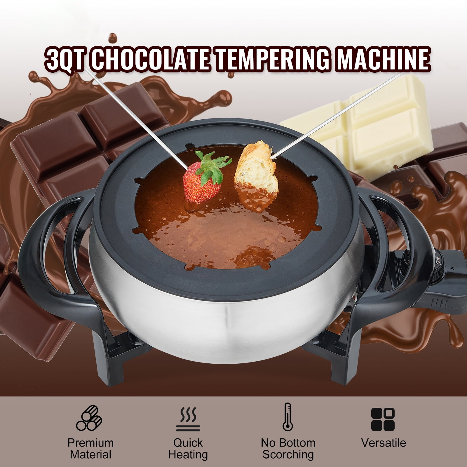 VEVOR 3 qt Electric Fondue Pot Set Chocolate and Cheese Melting Warmer Silver